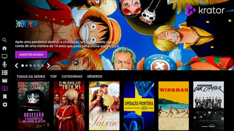 Tela inicial do Krator+ com navegação de séries e conteúdos